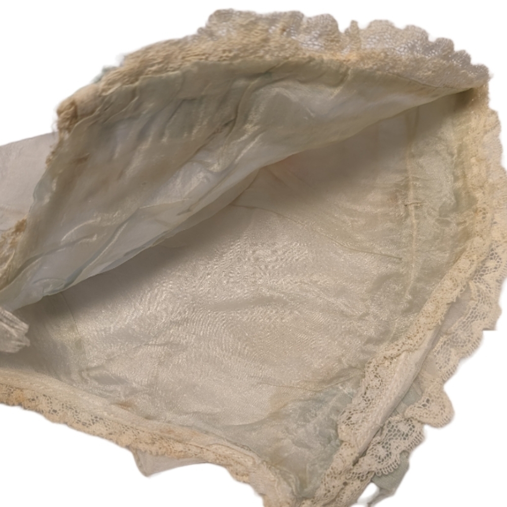 TRUE VINTAGE Lace Childrens Bonnet Authentic Silk Heirloom Hat Rare Cream Blue - Picture 10 of 12
